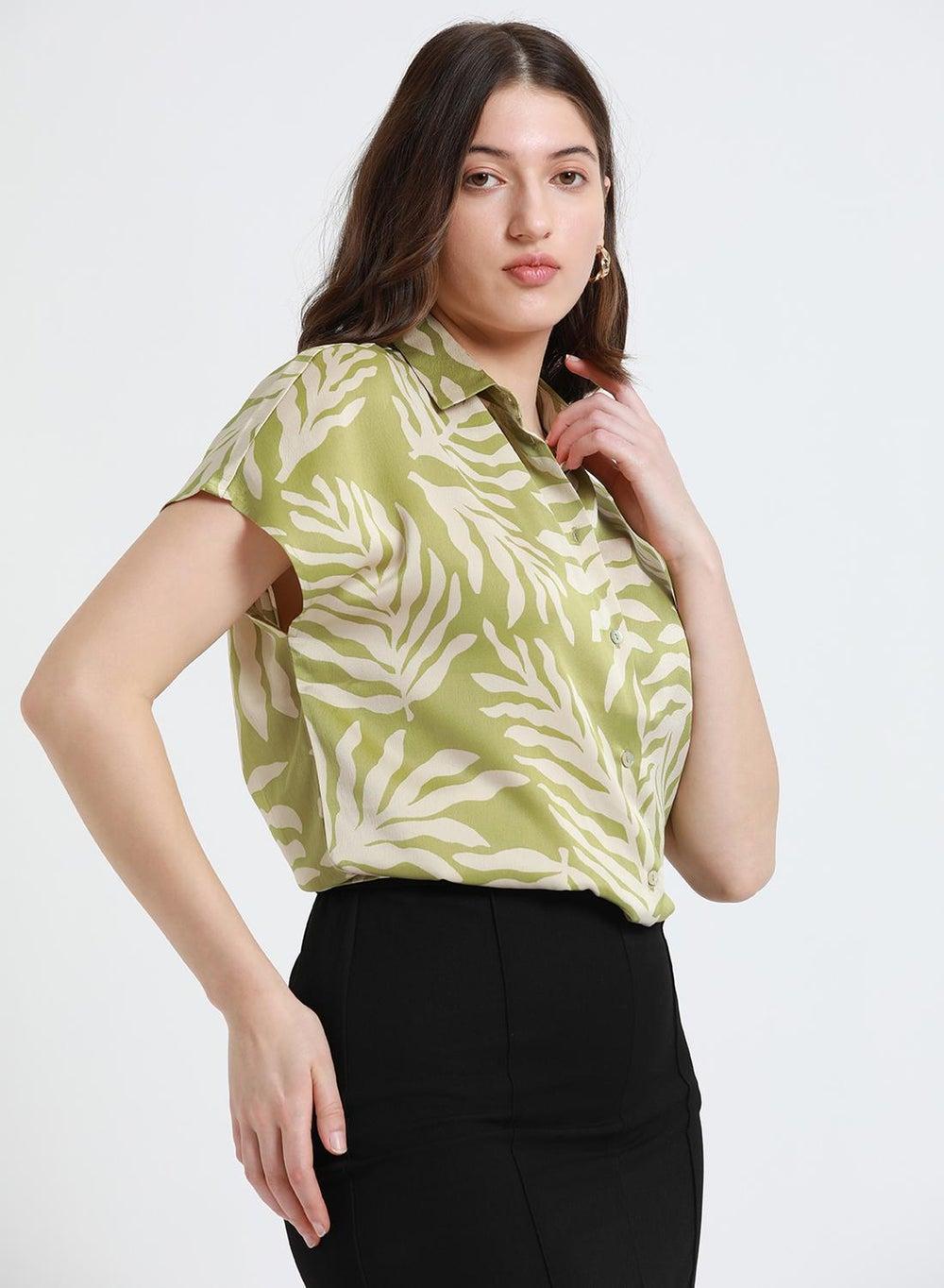 Light Olive Printed Relaxed Shirt for Women - Image 1