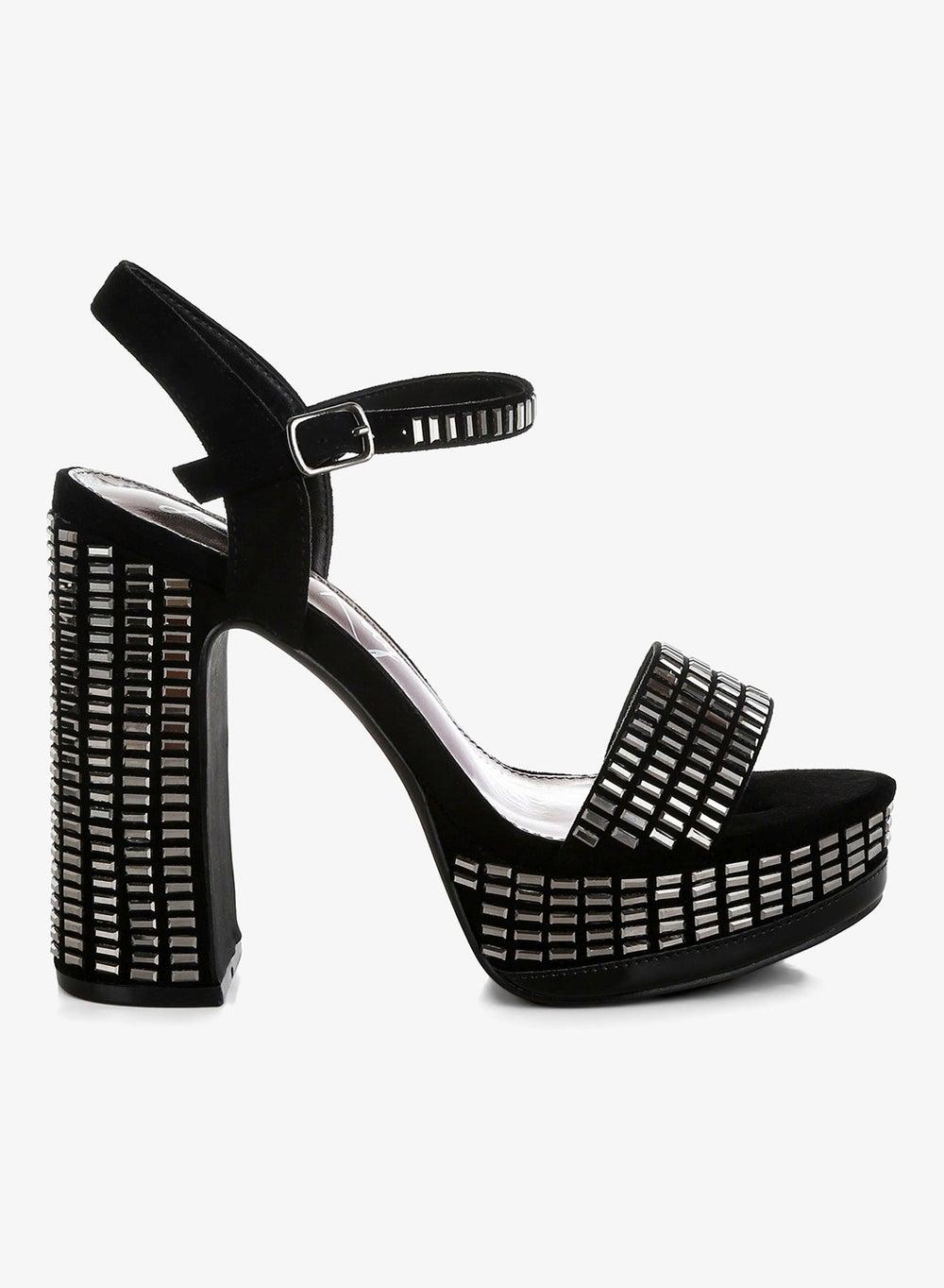 Black Rhinestone Ankle Strap Heels with Platform Sole - Image 1