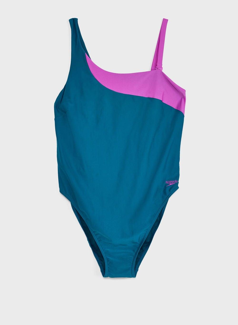 Solid Asymmetric One-Shoulder Swimsuit with Colorblock Panel - Image 1
