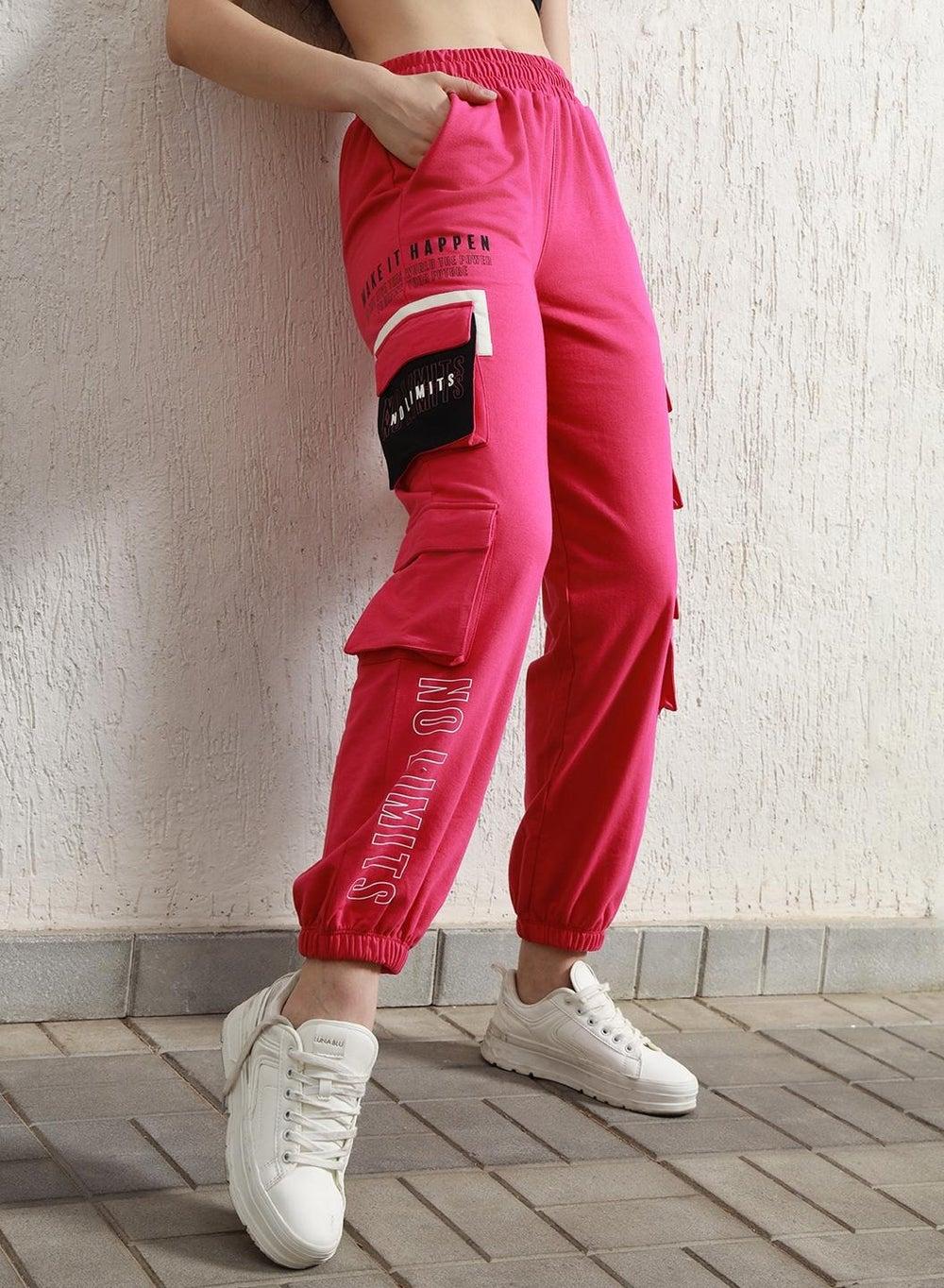 Pink Printed High-Rise Cargo Joggers for Women - Image 1