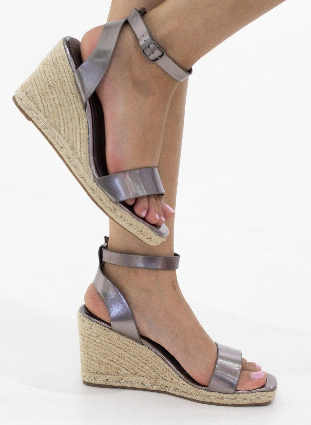 Jacinta One Band Espadrille 9cm Wedge Heel Sandals Pewter - Image 1