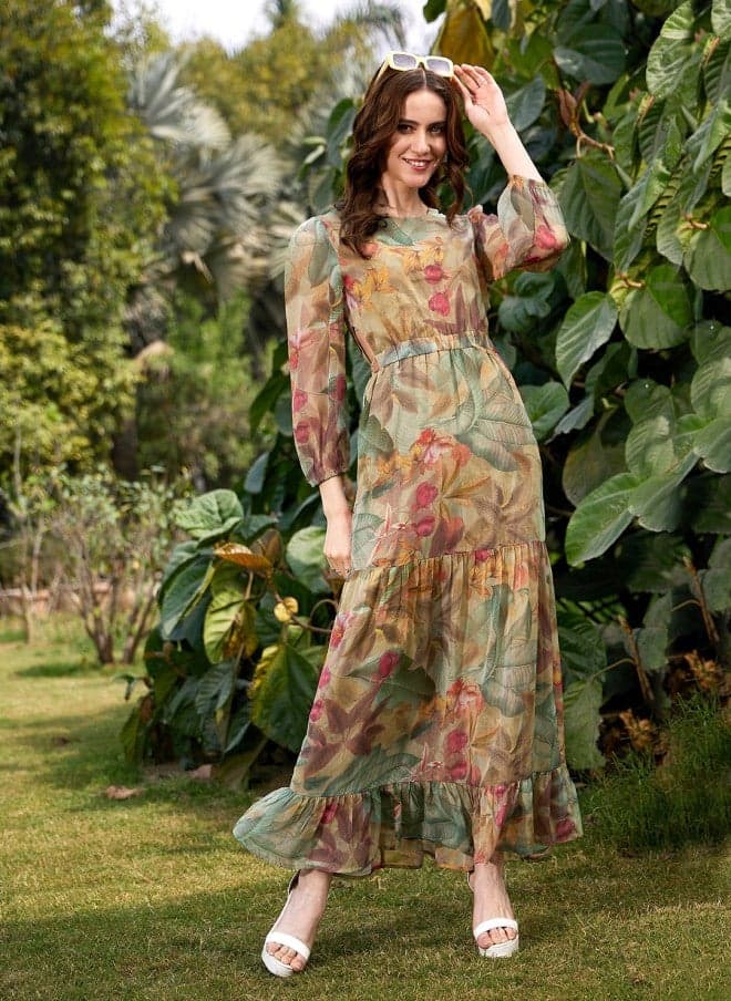 Floral Print Georgette A-Line Maxi Dress for Women - Image 1