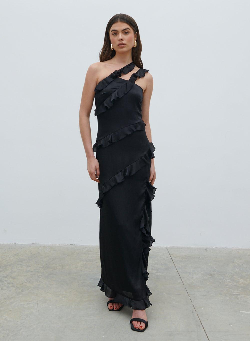 Asymmetric Ruffle Black Gown Dress - Image 1