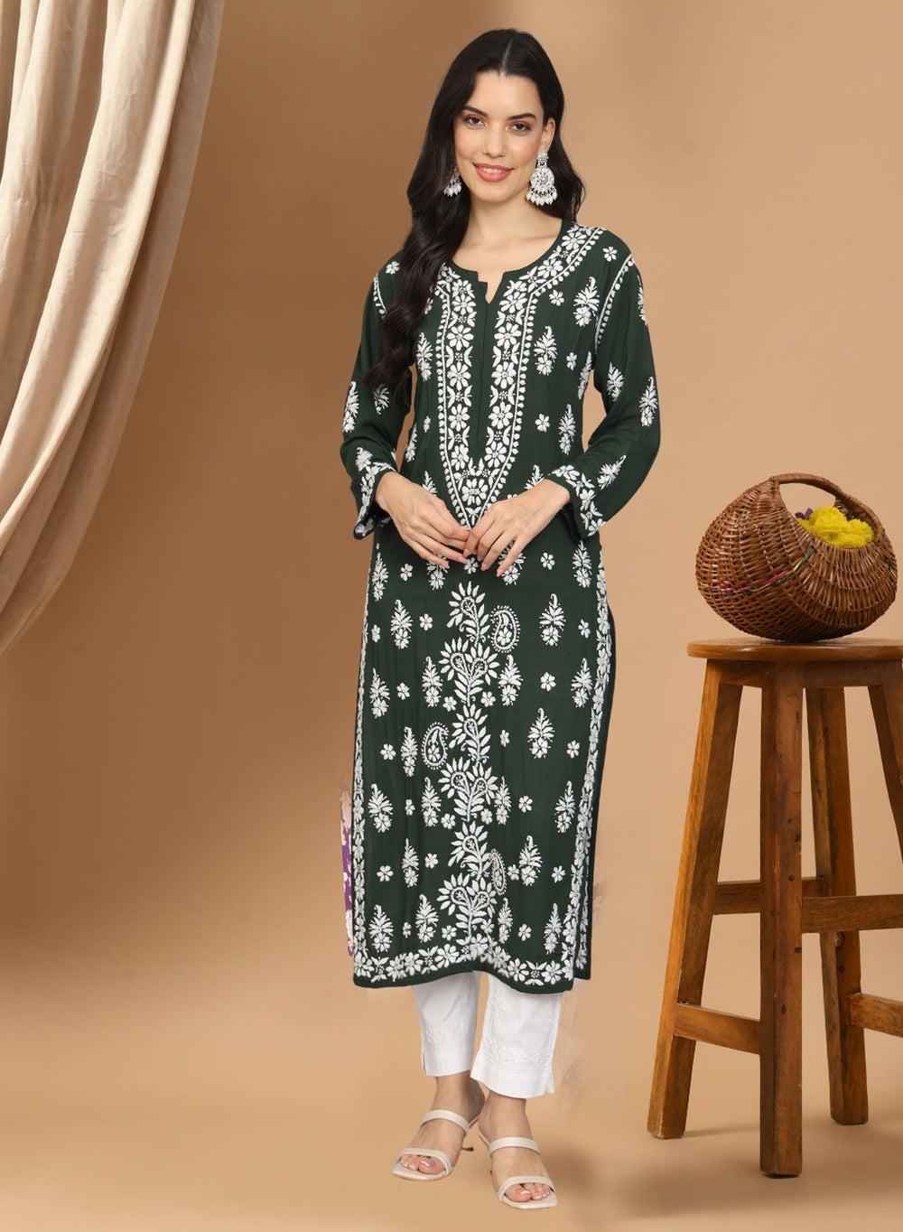 Women Chikankari Hand Embroidered Modal Kurta AL4042 - Image 1