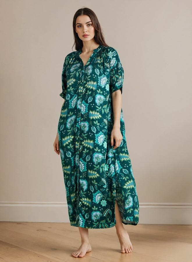 Floral Print Collared Women’s Night Dress - Image 1