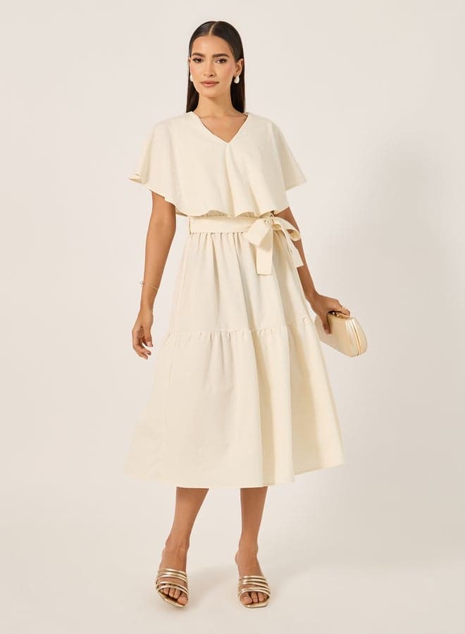 Cape Overlay Midi Dress with Self-Tie Waist - Image 1