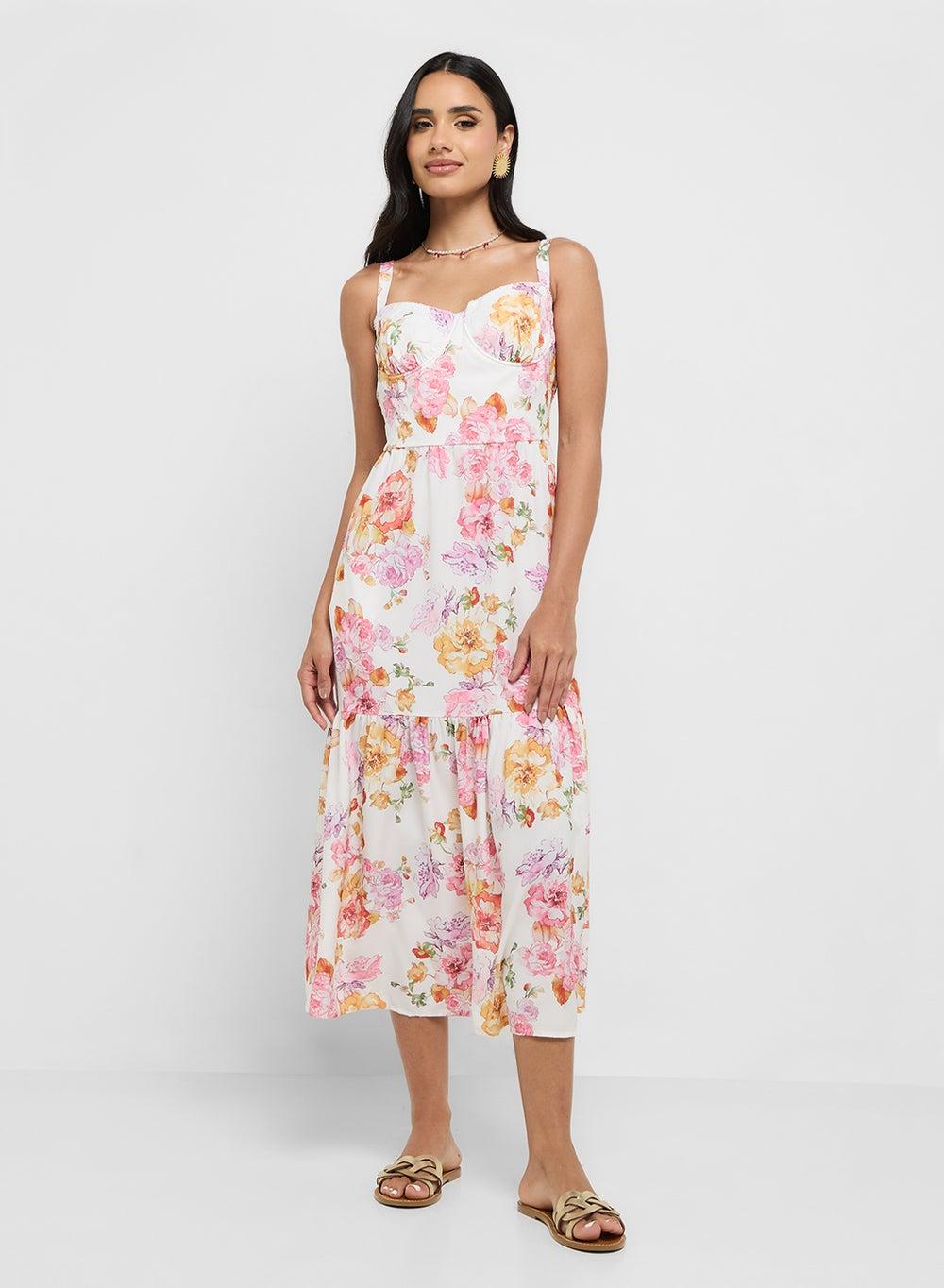 Floral Strappy Corset Midi Sundress - Image 1