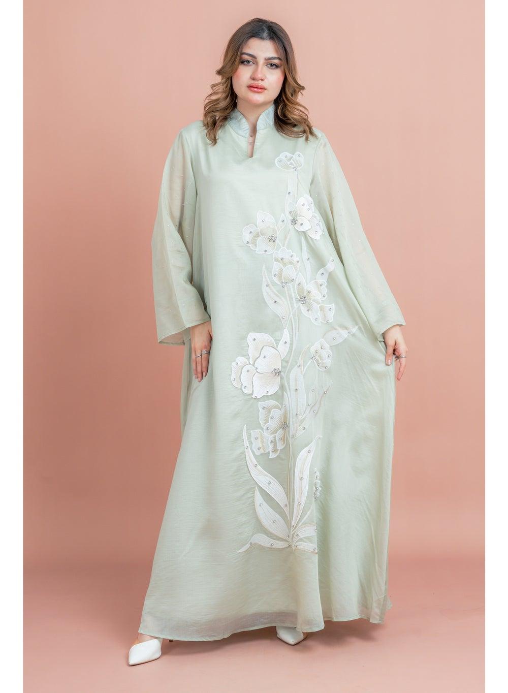 Flowy Flower Pattern Crystal Jalabiya Dress - Image 1