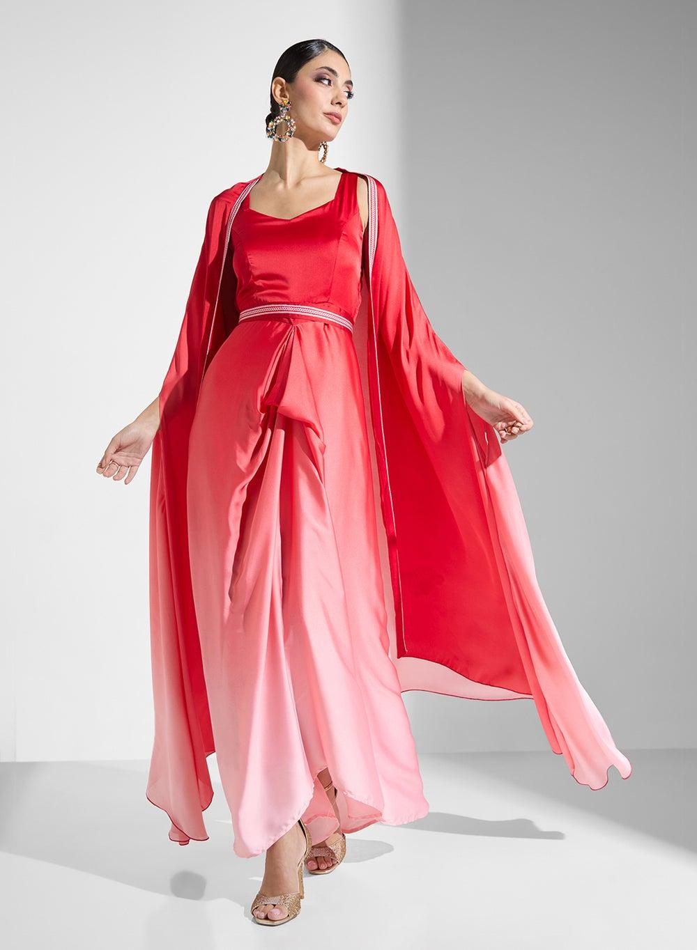 Red to Pink Ombre Maxi Dress with Cape - Image 1