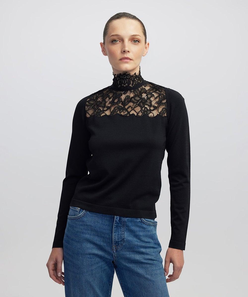 Regular Fit Lace-Trim Knit Top with Stand Collar - Image 1