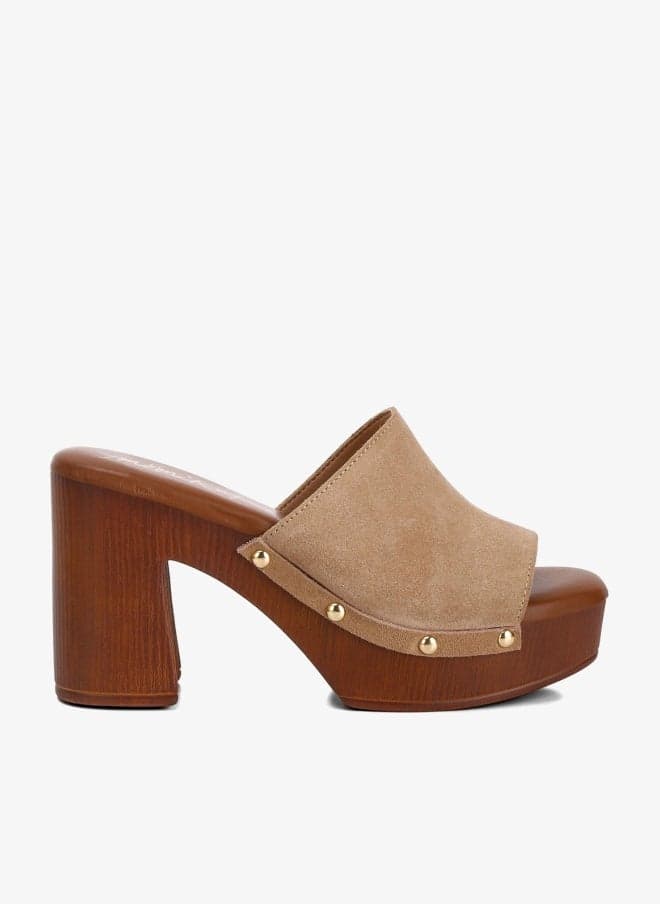 Tan Suede High Block Heel Clogs - Image 1