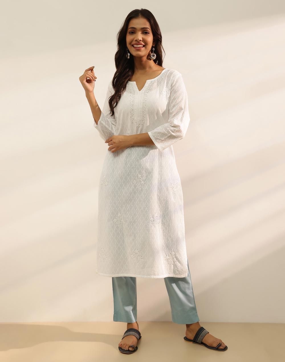 White Cotton Chikankari Long Kurta - Image 1