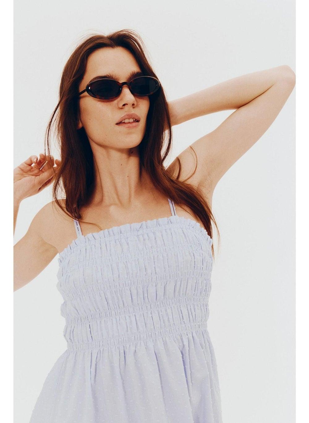 Smocked Cotton Mini Dress with Square Neckline - Image 1
