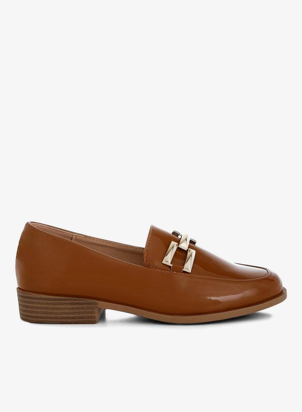 Tan Patent Faux Leather Horsebit Loafers - Image 1