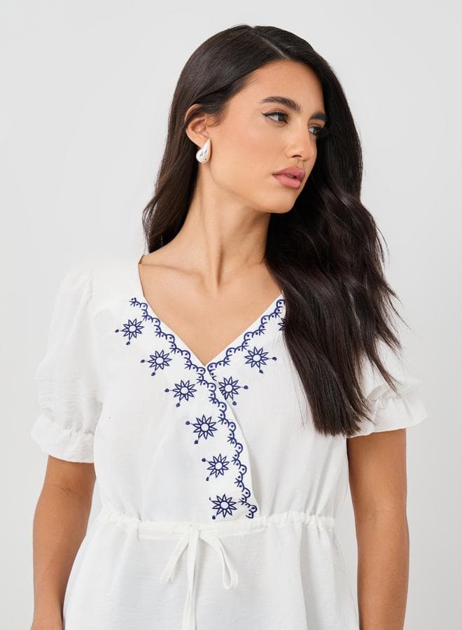 Embroidered V-Neck Puff Sleeve Peplum Blouse - Image 1