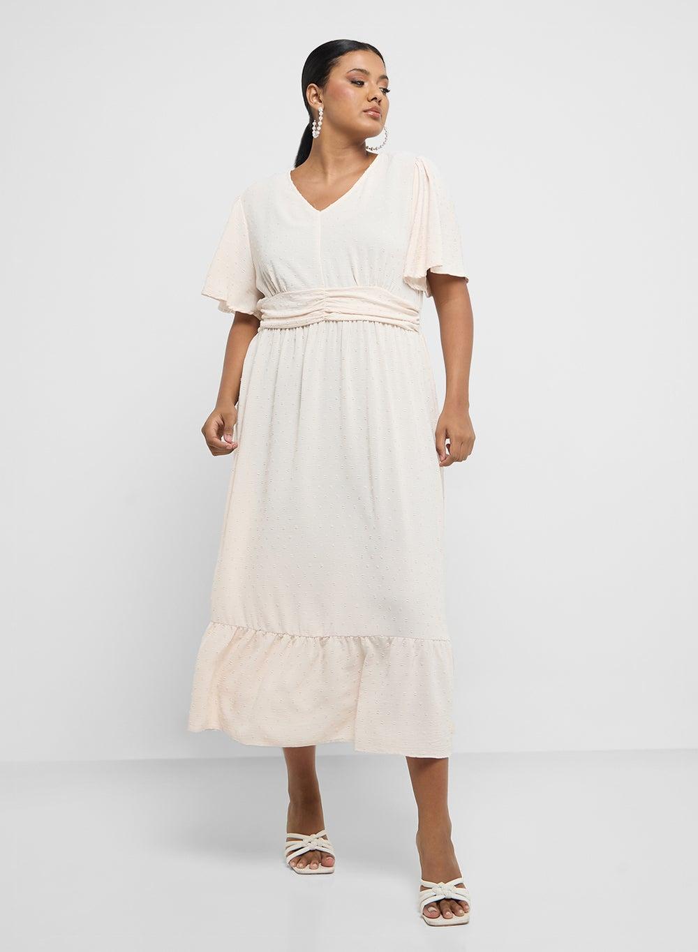 Cream Ruffled Hem Midi Dress with Flutter Sleeves - Image 1