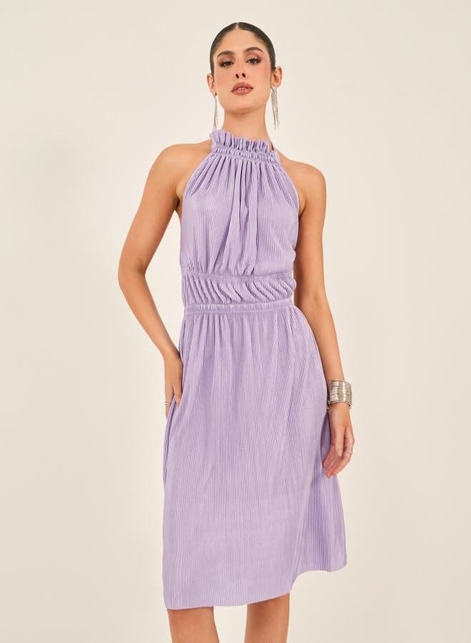 Periwinkle Pleated Halter Midi Dress - Image 1