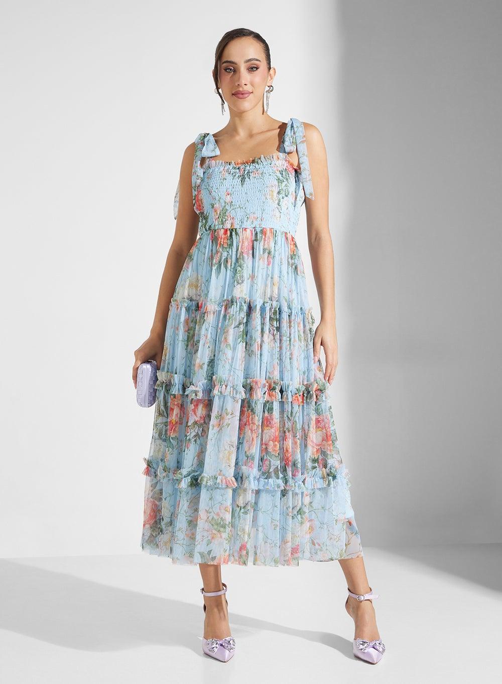 Floral Tiered Midi Dress with Tie Shoulder Straps - Image 1