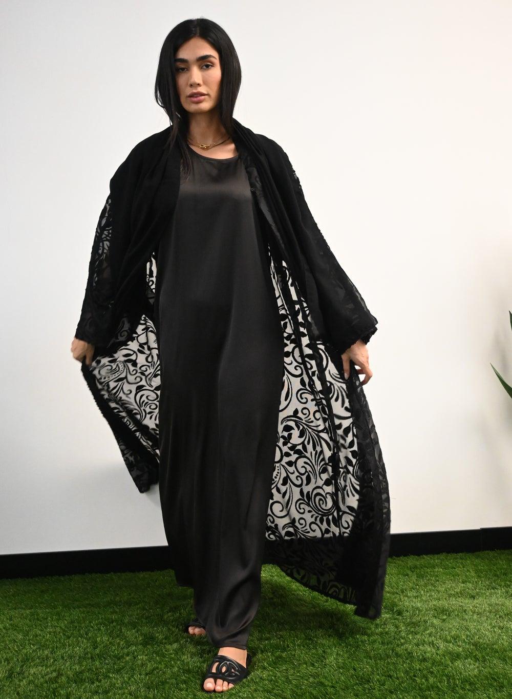 Black Full Lace Open Abaya 3-Piece Set - Image 1