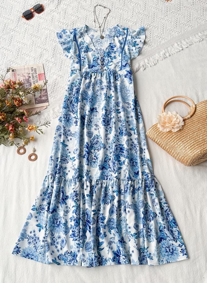 Blue Floral Sleeveless Maxi Dress - Image 1