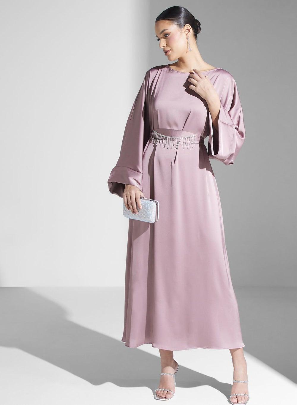 Relaxed A-Line Maxi Dress with Embellished Waist Belt - Image 1