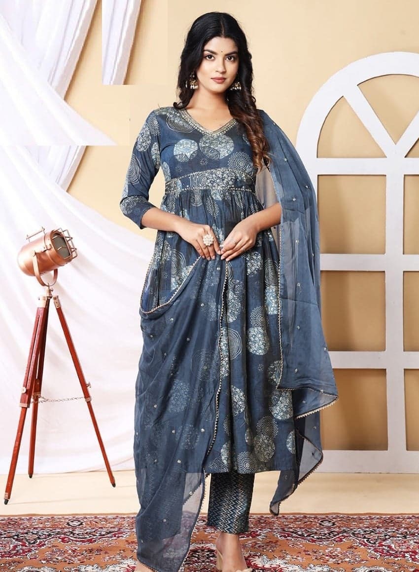 Charcoal Grey Printed Three-Piece Suit Set with Dupatta - Image 1