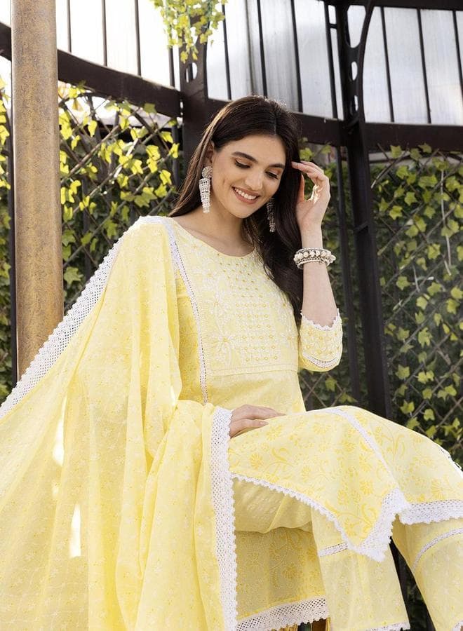 Embroidered Cotton A-Line Kurta Pants and Dupatta Set - Image 1