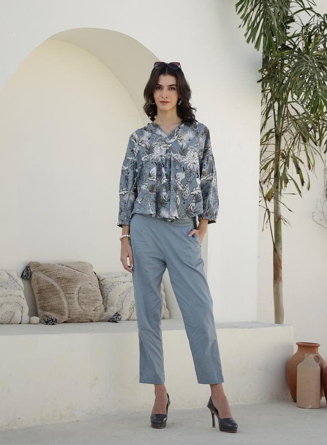 sanskrutihomes Printed V-Neck Cotton Shirt Co-Ord Set - Image 1