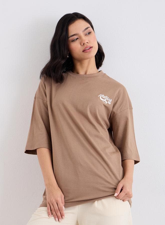 Brown Slogan Print Oversized 100% Cotton T-Shirt - Image 1