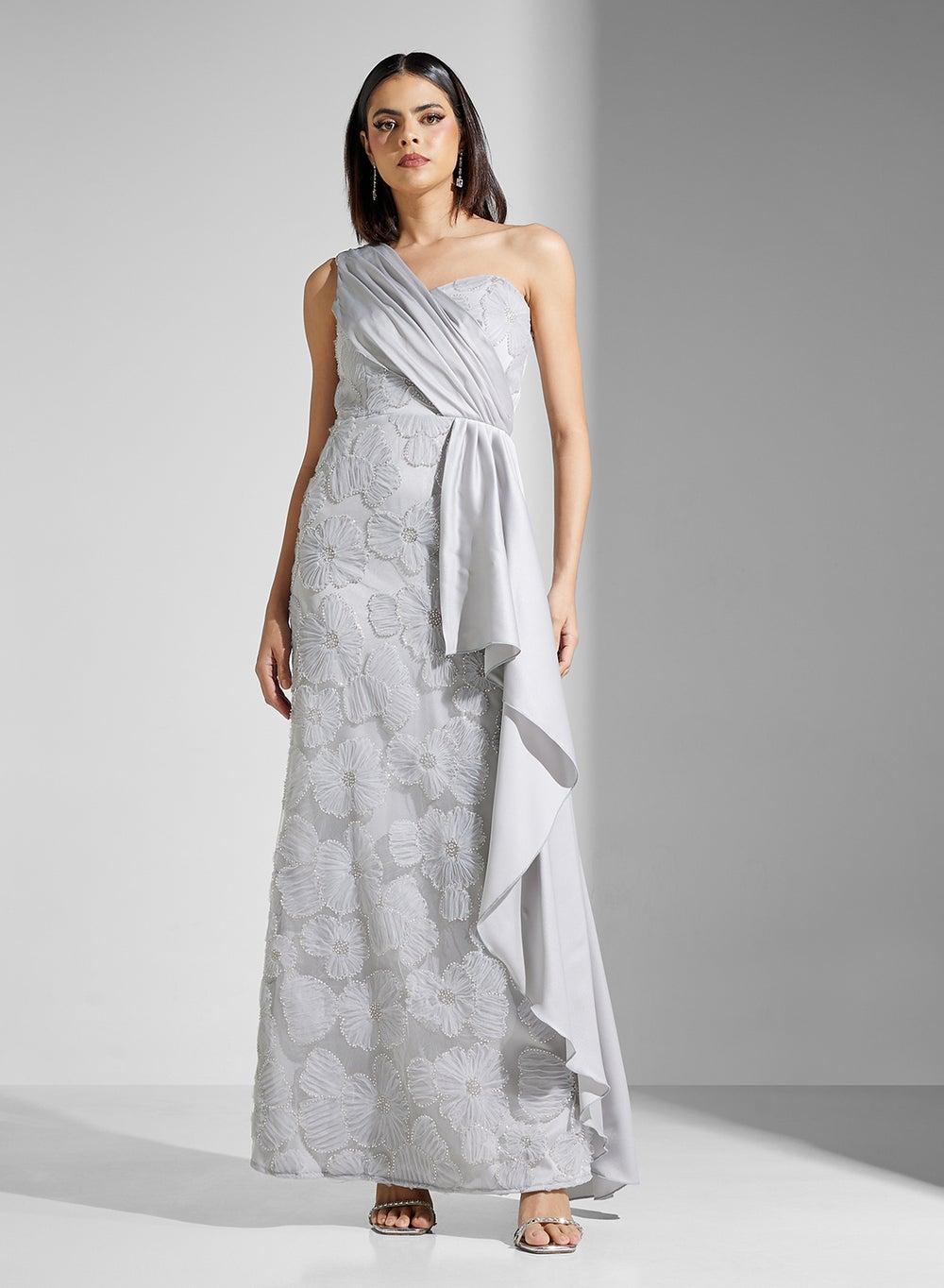 Floral Appliqued One-Shoulder Maxi Dress - Image 1