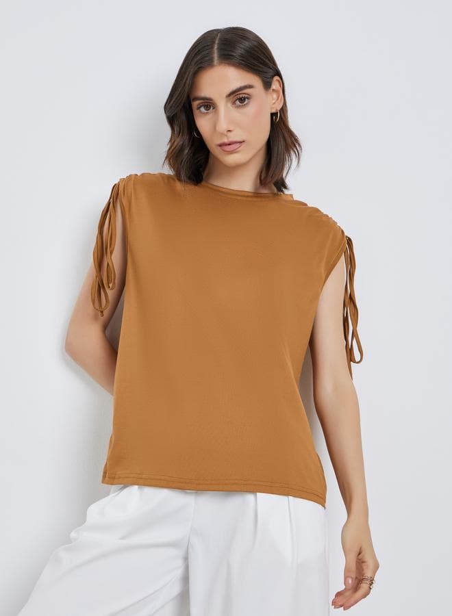 Solid Sleeveless Tie-Up Shoulder T-Shirt - Image 1