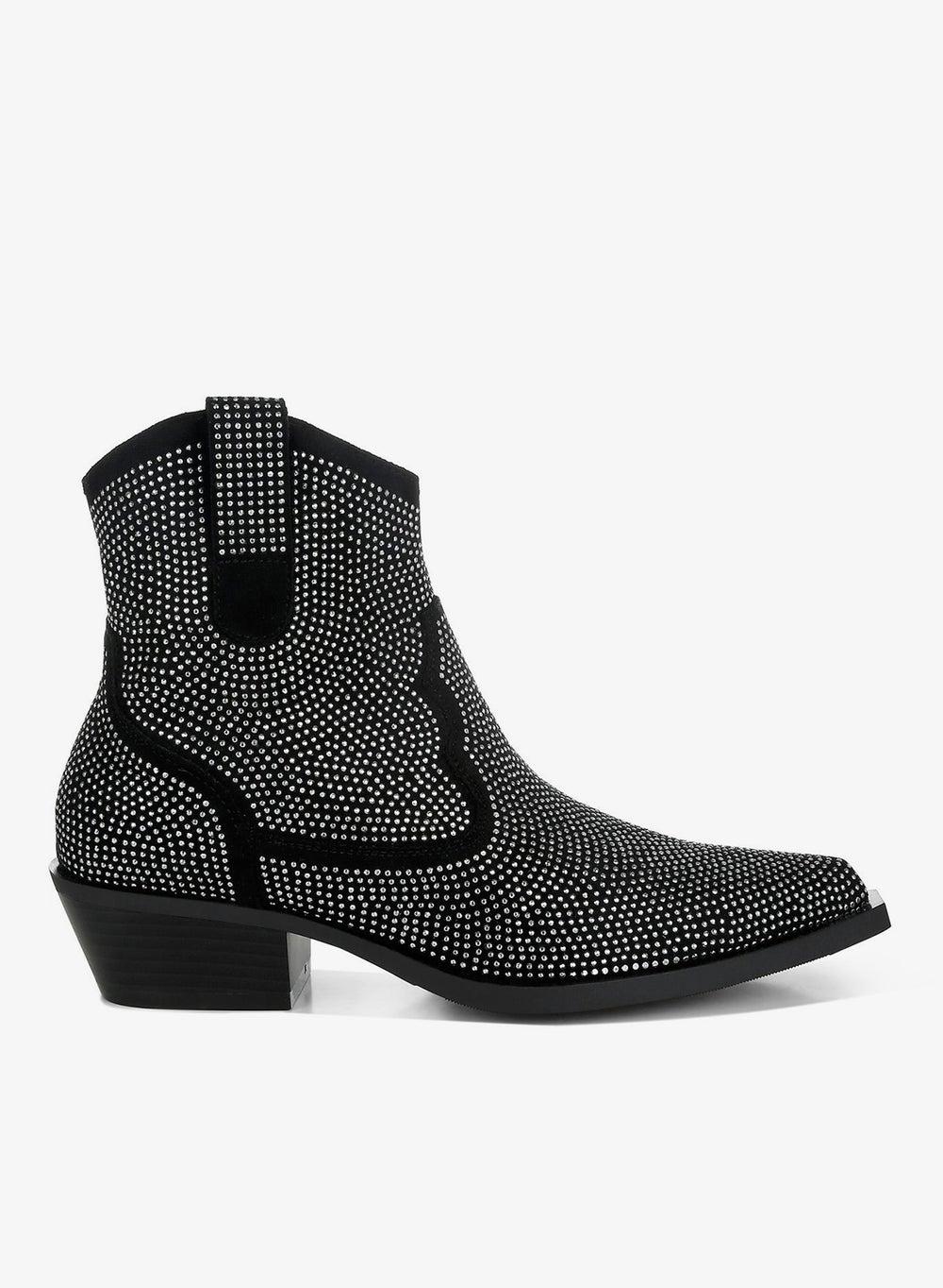 Black Rhinestone Embellished Cowboy Ankle Boots - Image 1
