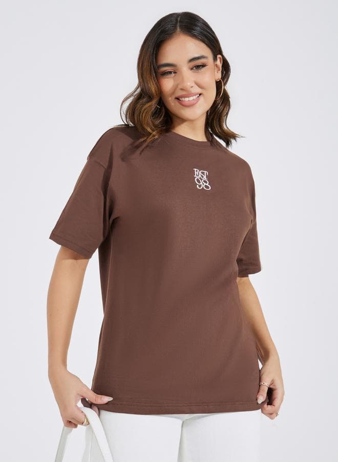 Styli Oversized EST 98 Embroidered Brown T-Shirt - Image 1