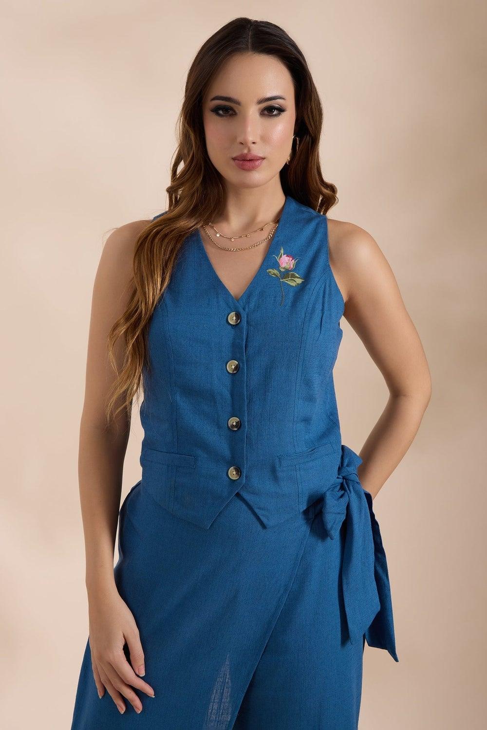Blue Linen Rose Embroidered V-Neck Waistcoat - Image 1