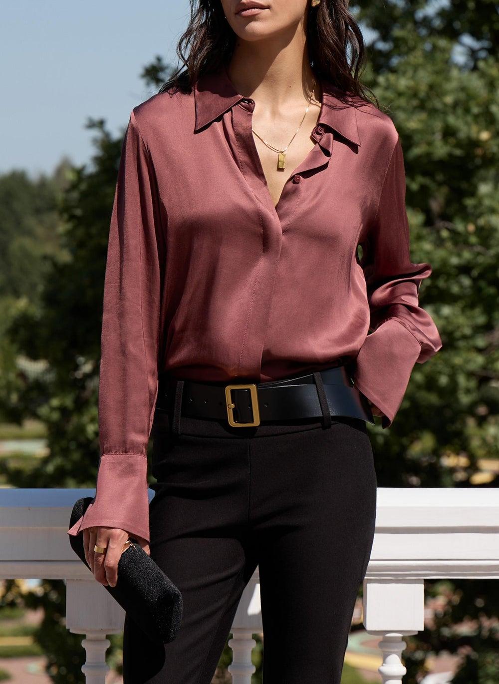 Satin Shirt with Concealed Buttons and Stand-Up Collar - Image 1