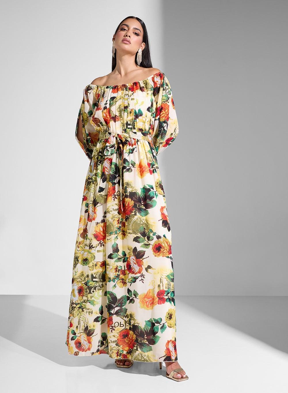 Floral Off-Shoulder Maxi Dress with Belted Waist - Image 1
