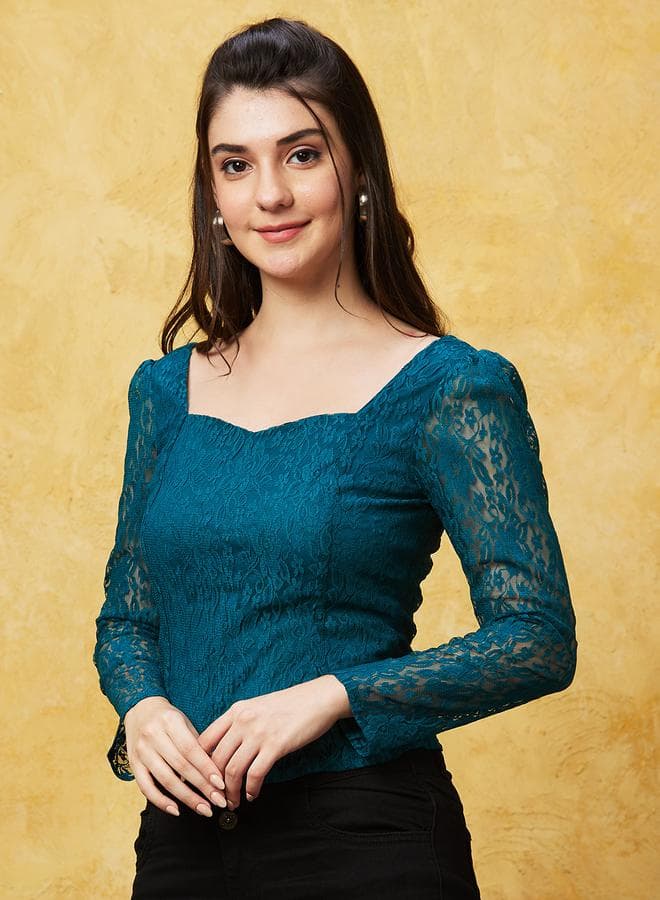 Globus Sweetheart Neck Puff Sleeve Lace Blouse - Image 1
