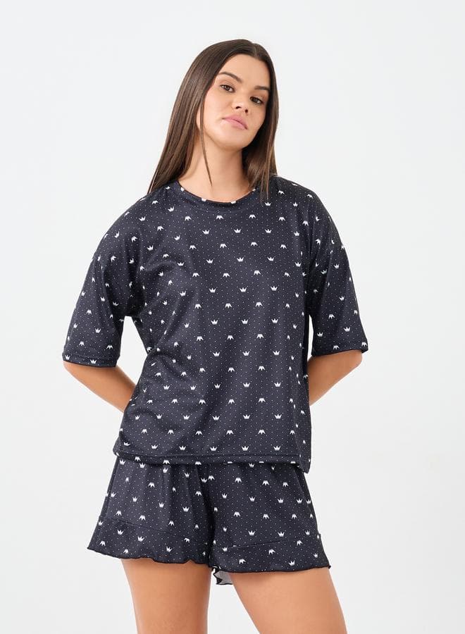 Styli Crown Spot Print T-Shirt and Lettuce Hem Shorts Set - Image 1