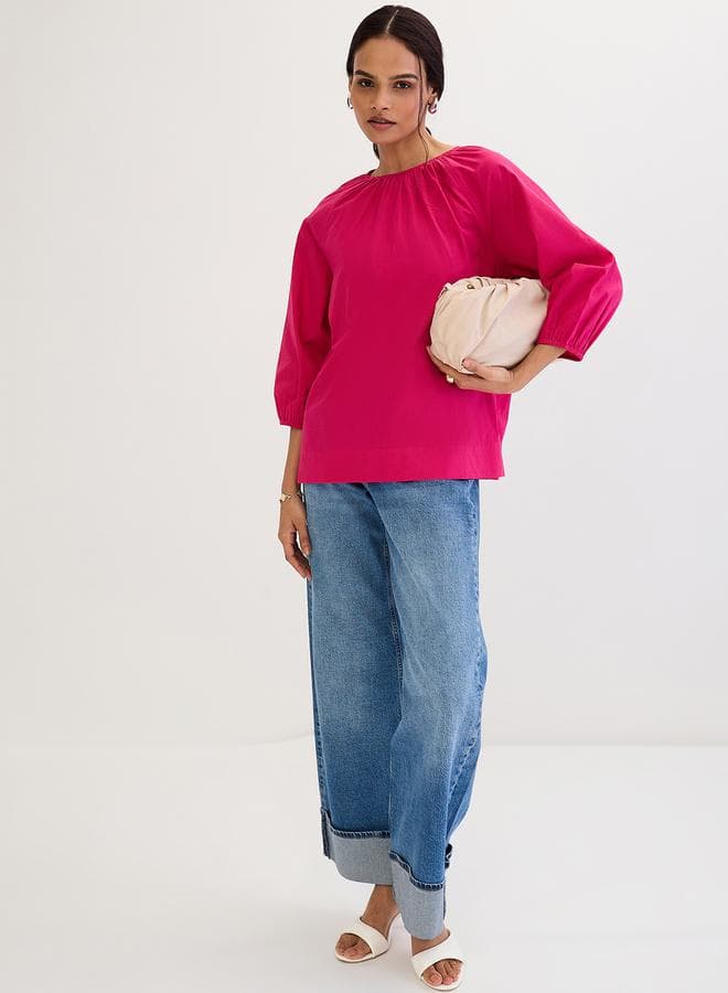 Femmella Pink Poplin Back Tie-Up 3/4 Sleeve Top - Image 1