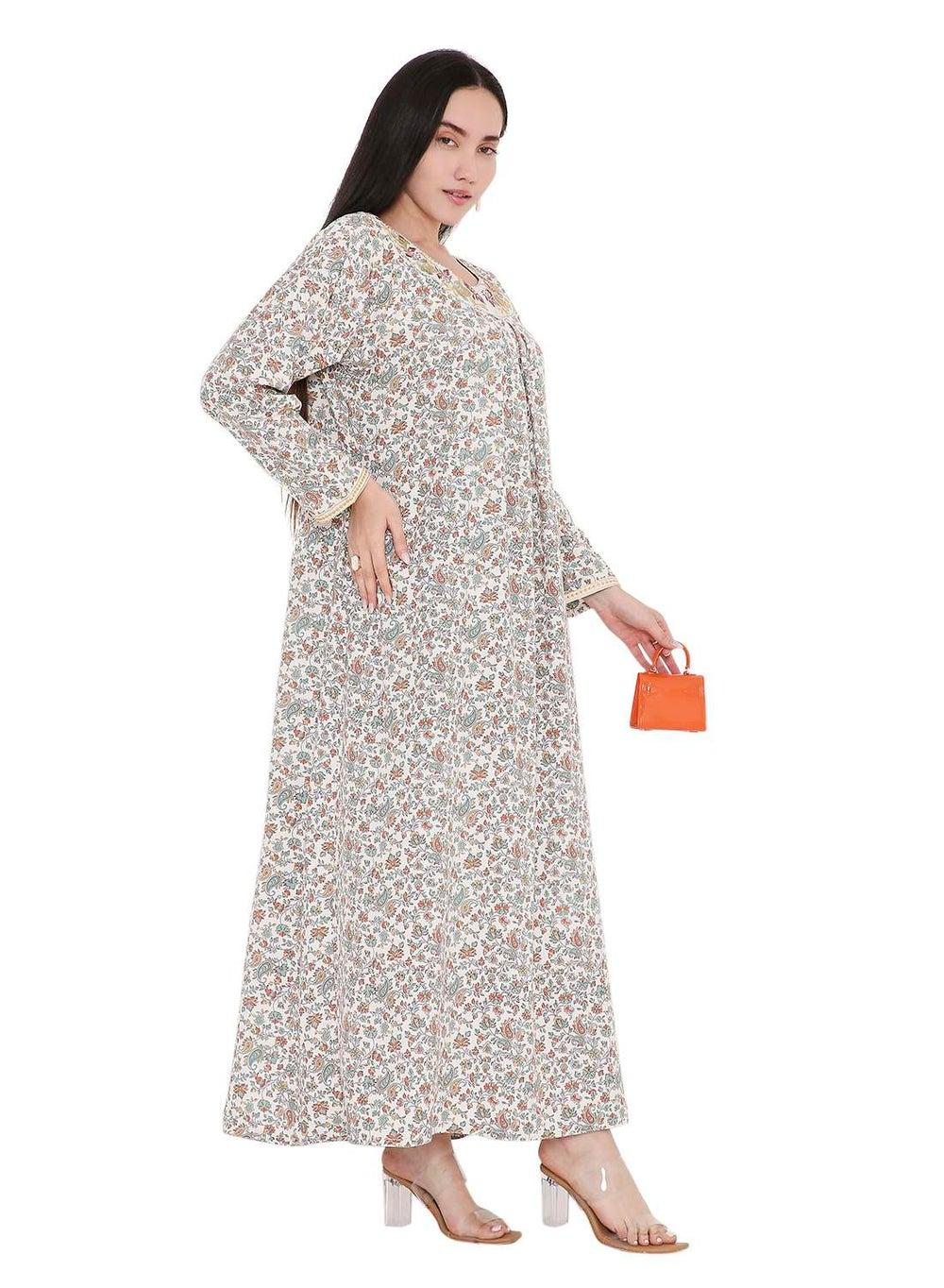 Elegant Farasha Jalabiya with Thread Embroidery and Printed Detail - Image 1