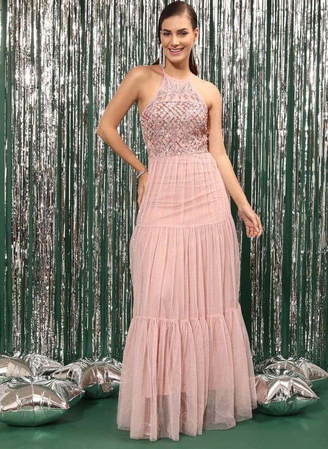 Embellished Halter Neck Flounce A-Line Maxi Dress - Image 1