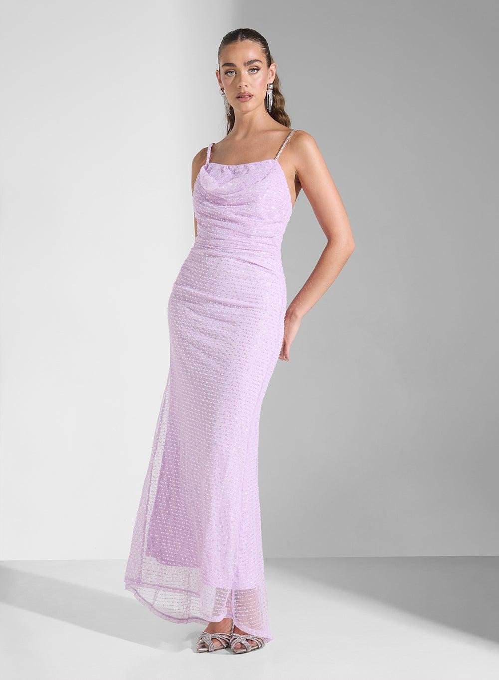 Light Purple Sequin Cowl Neck Maxi Dress - Image 1