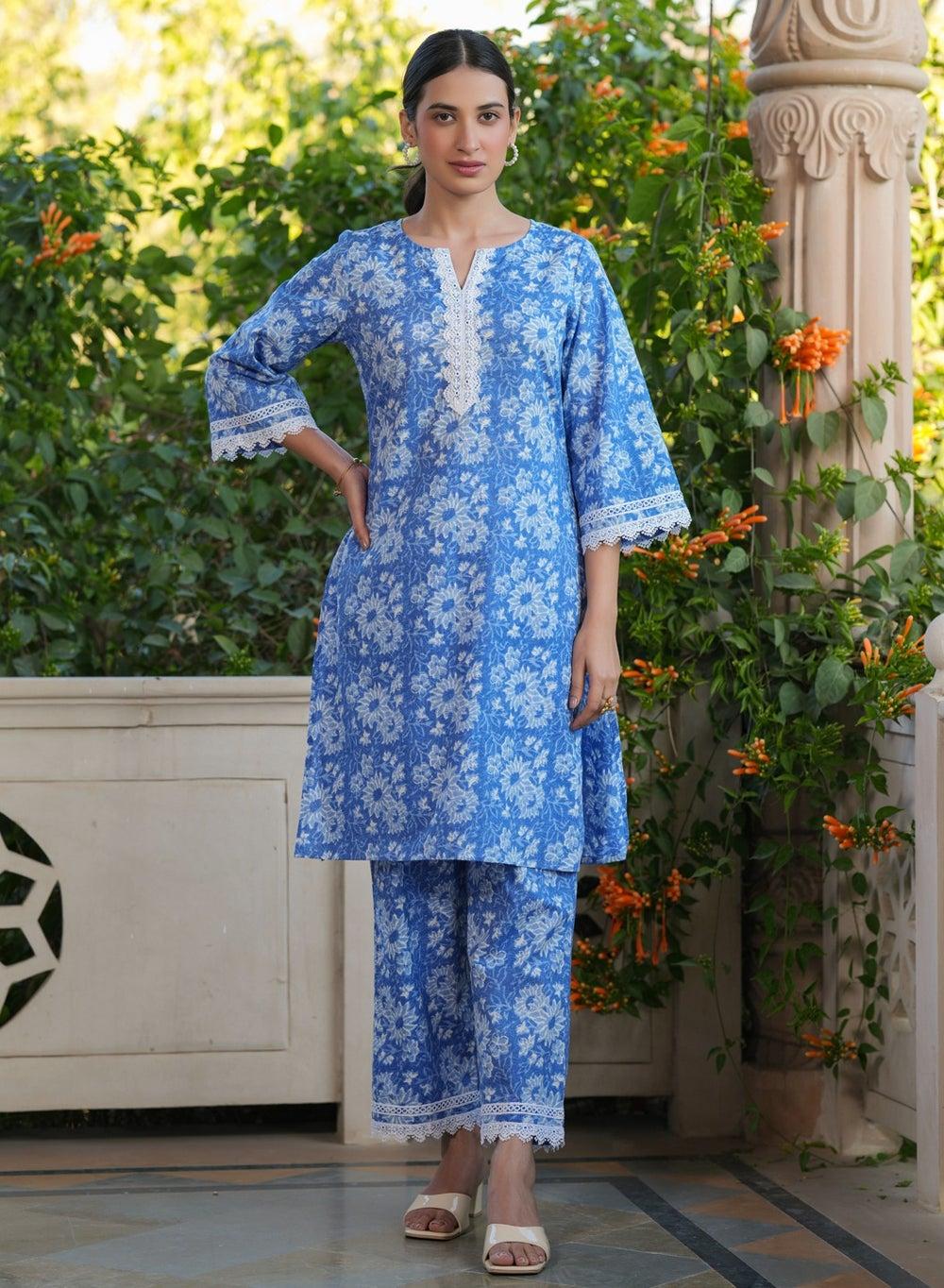 Blue Cotton Printed Kurta 2Pc Set - Image 1