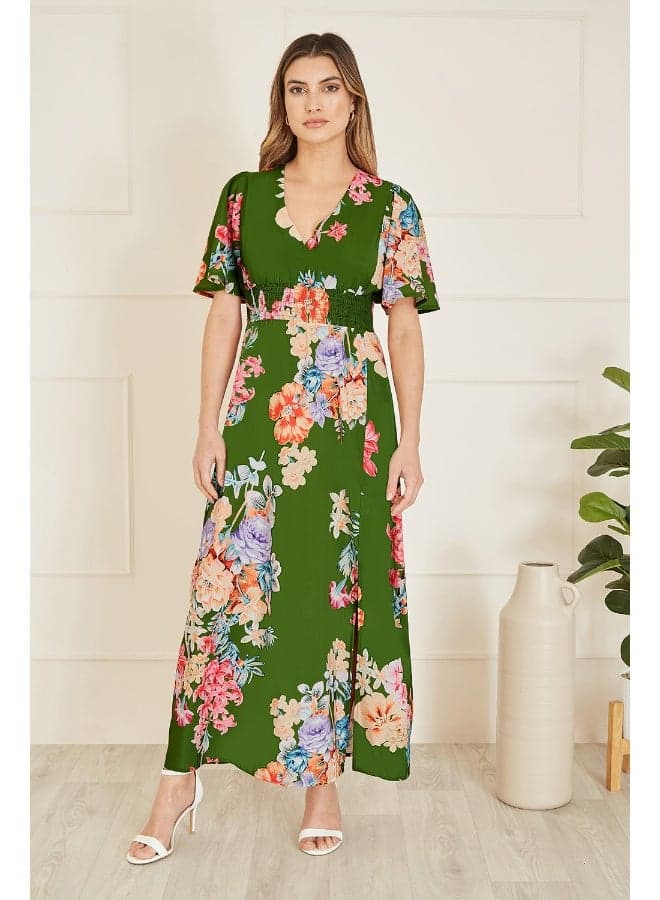 Green Floral Print Maxi Dress with V-Neckline - Image 1
