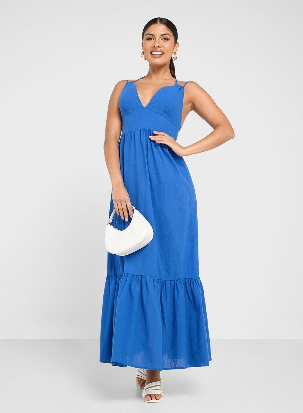 Bright Blue Ruffled Hem Maxi Dress - Image 1