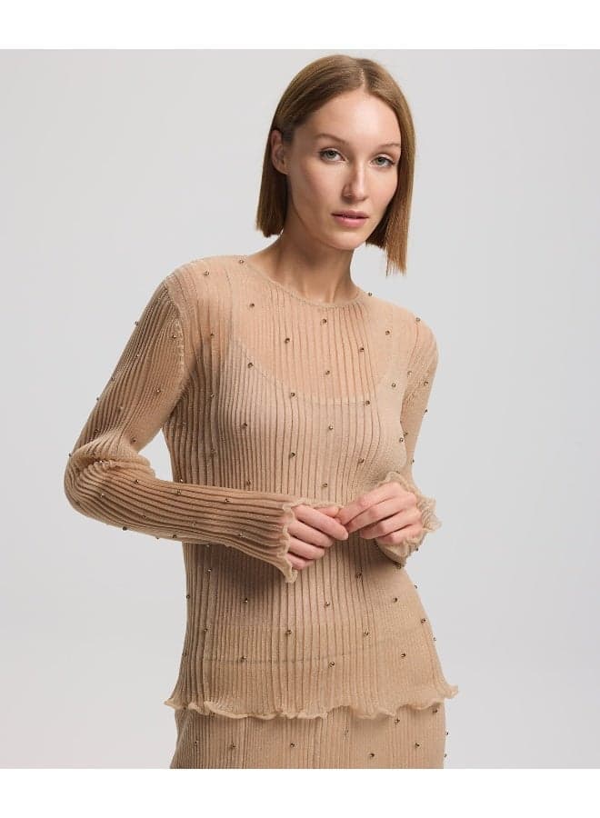 Slim Fit Embroidered Knit Sweater with Rhinestones - Image 1
