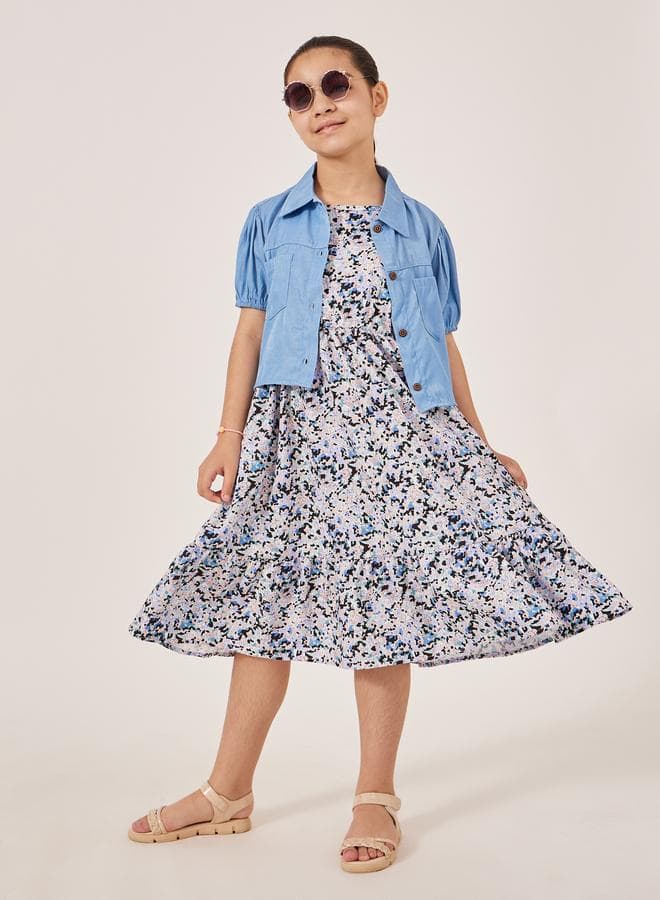 Styli Floral Strappy Dress with Light Blue Jacket - Image 1