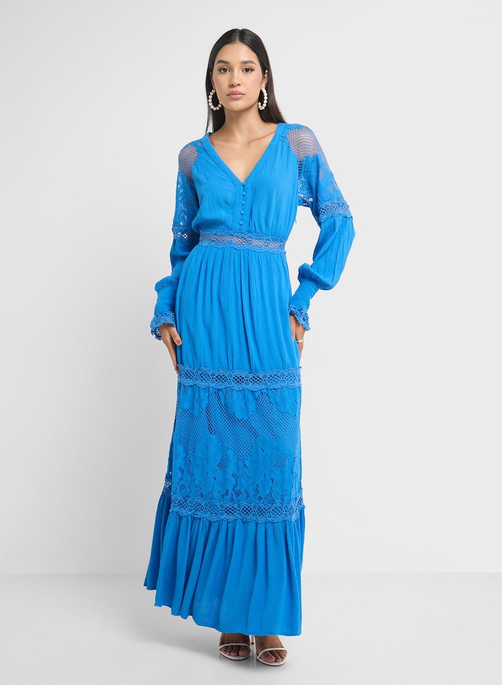 Lace Detail Blue Maxi Dress - Image 1