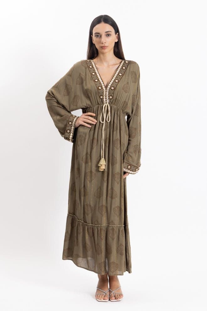 Olive Embroidered Maxi Dress with Tassel Waist - Image 1