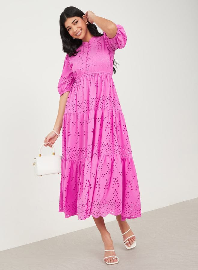 Puff Sleeve Self Design A-Line Midi Dress - Image 1